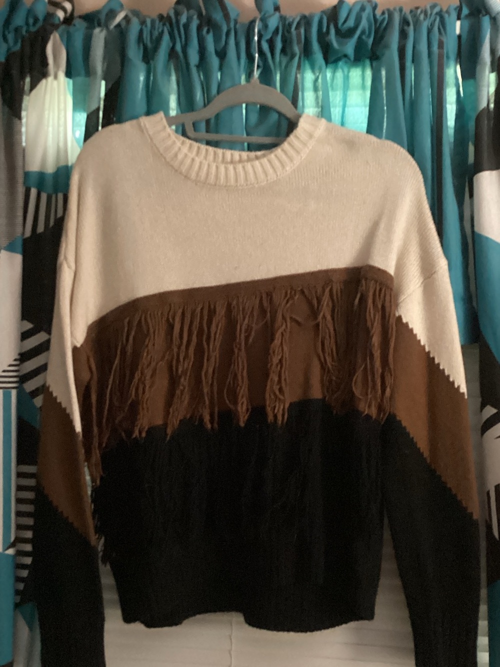 Cato Cream, Brown & Black Fringe Crewneck Sweater